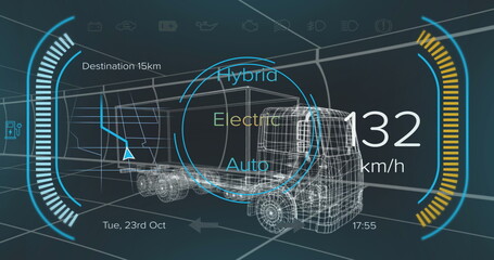 Naklejka premium Image of digital car interface and data processing over 3d model of car