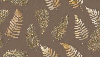 Background, wallpaper with golden fern leaves on a brown background. Graphics with a delicate plant motif - obrazy, fototapety, plakaty
