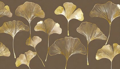 Złote liście miłorzębu na brązowym tle - obrazy, fototapety, plakaty