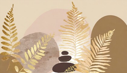 Tapeta, ilustracja z liśćmi paproci i kamieniami. Grafika w odcieniach złota, brązu beżu i peach fuzz - obrazy, fototapety, plakaty