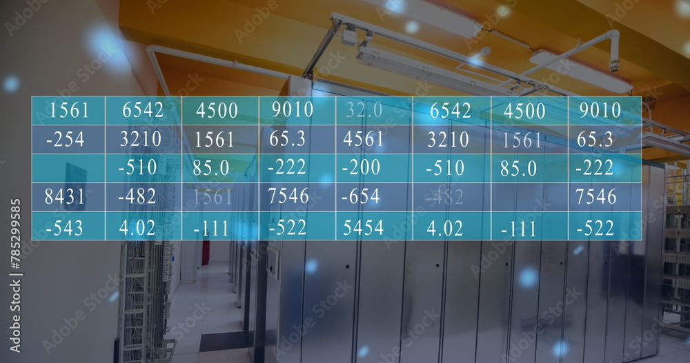 Wall mural Image of statistical data processing and blue glowing spots falling against computer server room