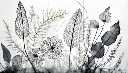 Czarno-biała ilustracja z kwitami i liśćmi. Łąka kwiatowa. Tapeta, delikatne tło roślinne - obrazy, fototapety, plakaty