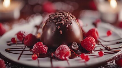 Luxe chocolate dome, close detail, dessert for Valentines, soft focus light  , 8K , high-resolution, ultra HD,up32K HD - obrazy, fototapety, plakaty