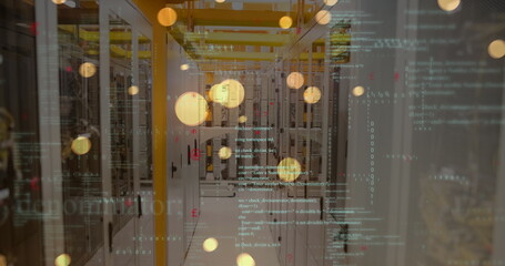 Image of data processing and yellow glowing spots falling against computer server room