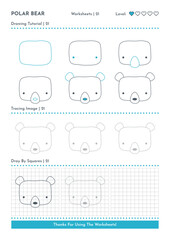 How to Draw Doodle Animal Polar Bear, Cartoon Character Step by Step Drawing Tutorial. Activity Worksheets For Kids