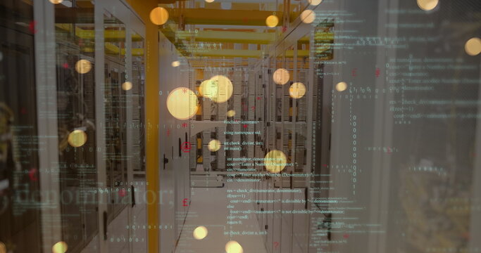 Image of data processing and yellow glowing spots falling against computer server room - Powered by Adobe