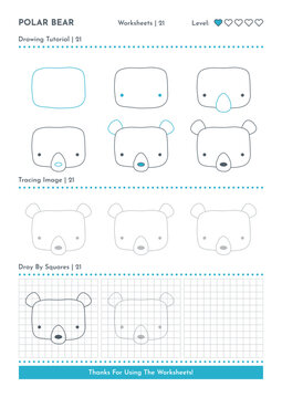 How to Draw Doodle Animal Polar Bear, Cartoon Character Step by Step Drawing Tutorial. Activity Worksheets For Kids