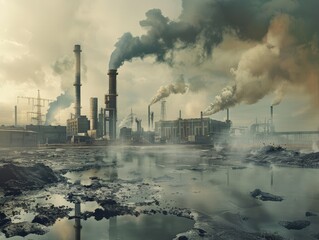 A stark depiction of industrial pollution with thick smoke billowing from factory chimneys, casting a haze over a desolate and polluted landscape - obrazy, fototapety, plakaty