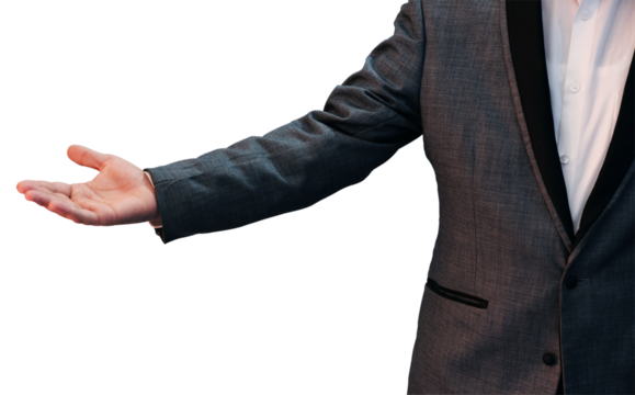 Man showing his palm on the left side, casually standing with free space PNG backdrop