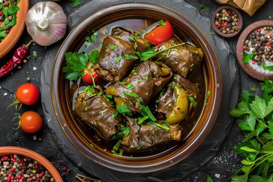 Dolma or Buglama with Lamb Shin, Vegetables, Fragrant Herbs. Sarma, Dolmades, Dolmadakia
