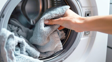 A man's hand puts towels into the washing machine. Housework, cleaning, washing clothes.