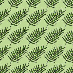 Cute seamless pattern with green branches on green background. Vector image.