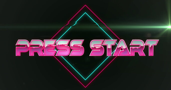 Image of press start text over rhombuses and lens flares against black background - Powered by Adobe