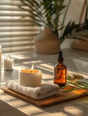Spa product display, towel, candle, essence bottle, peaceful light, midangle  , 8K , high-resolution, ultra HD,up32K HD