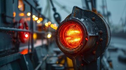 A red light on a boat is lit up