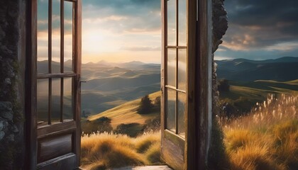 AI generated illustration of an open window overlooking a mountain landscape at sunset