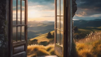 Crédence de cuisine en verre imprimé Gris 2 AI generated illustration of an open window overlooking a mountain landscape at sunset