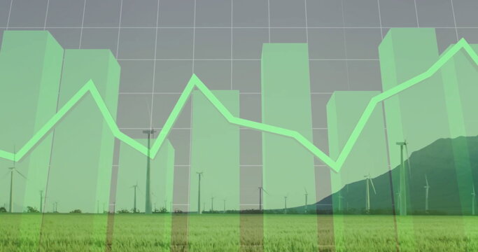 Image of financial data processing over wind turbines