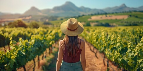 Woman Exploring the Picturesque Vineyards of South Africa s Wine Country on a Serene Summer Day