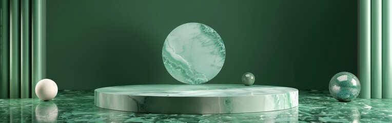 A green marble sculpture with a white marble and a blue marble - Powered by Adobe