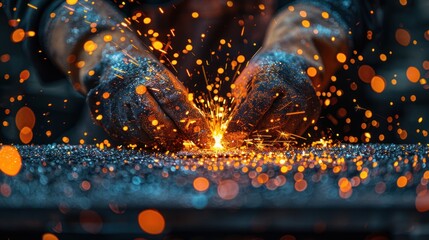 Metalworking of a welder ,Bright sparks from  flying from metal cutting