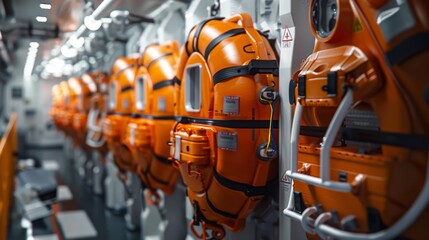 A row of orange life preservers are hanging on a wall