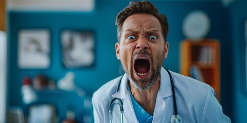 Frustrated Medical Professional Screaming in Crisis Moment with Exasperated Facial Expression Demanding Urgent Care or Treatment