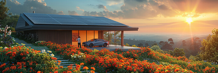 Sustainable Home: Solar Powered Car Charger on a Modern Residential Rooftop - obrazy, fototapety, plakaty