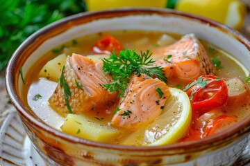 Fish Soup, Bouillabaisse, Cullen Skink, Ukha or Solyanka with Salmon, Trout or Tuna Fillet, Fish Broth