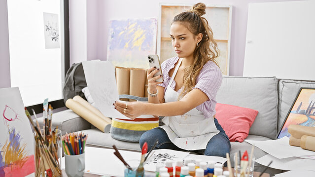 Young beautiful hispanic woman artist sitting on sofa taking picture to draw at art studio