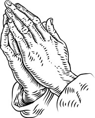 Praying hands Christian prayer concept in a vintage woodcut style