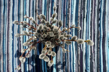 branches of pussy willows in a vase on a blue and red woven blanket