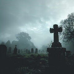 Fototapeta premium A spooky graveyard with fog rolling