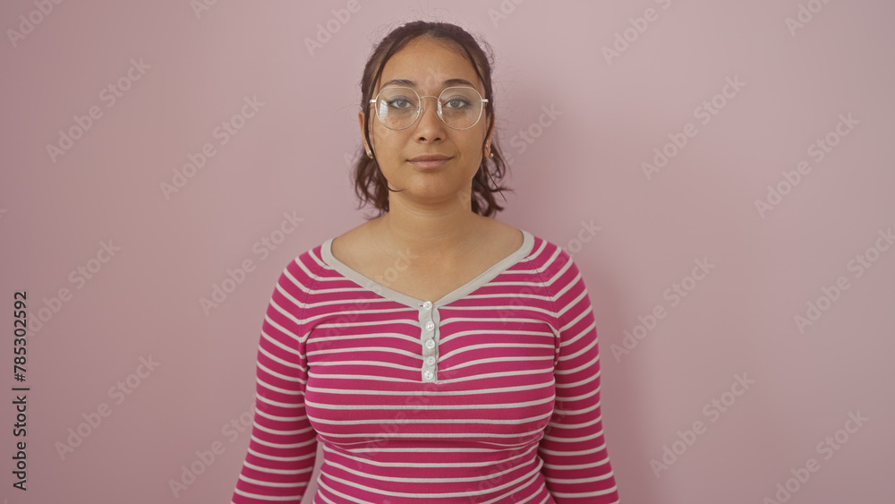 Sticker portrait of a young hispanic woman with eyeglasses standing against a pink wall, looking at the came