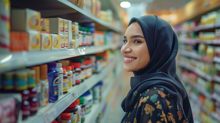 Smiling  arabian woman at the pharmacy, in drugstore, store,  buying vitamins - obrazy, fototapety, plakaty