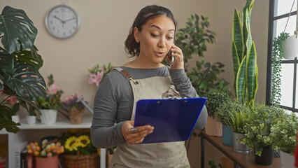 Hispanic woman with apron talking on phone while holding clipboard in flower shop