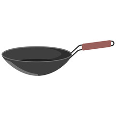 Household wok pan with wooden handle vector cartoon illustration isolated on a white background.