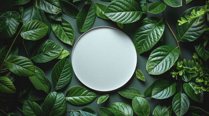 Creative layout made of green leaves with circle white card. Mock up.