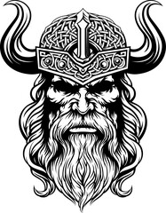 A Viking warrior or barbarian gladiator man mascot face looking strong wearing a helmet. In a retro vintage woodcut style. - 785302932
