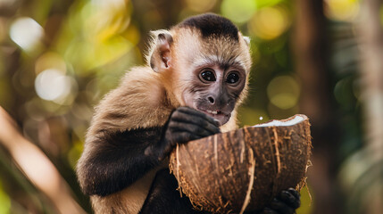 Capuchin Monkey Drinking Coconut Water and looking 