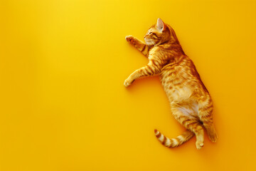 Katze legt auf gelben Fotohintergrund.