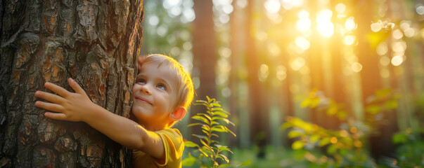 Cute little child hugging a tree in the forest. Concept of loving and saving ecology.