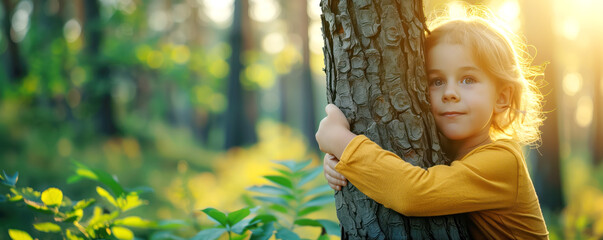 Cute little child hugging a tree in the forest. Concept of loving and saving ecology.