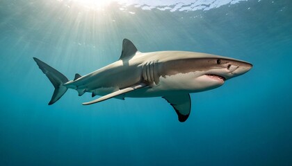 Great white shark, under ocean water, sun rays, blue water, underwater scene