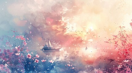 Boat in the Sea, Watercolor Abstract Landscape Background with Floral Trees for Wall Painting