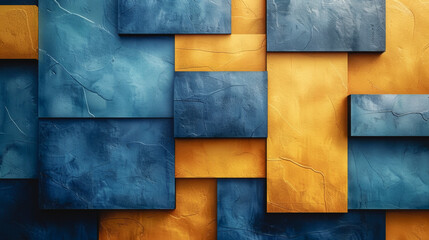 Abstract modern blue and yellow background with geometric shapes.