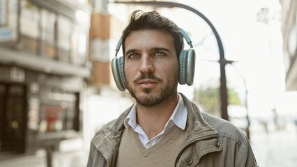 Handsome young hispanic man with beard wearing headphones in an urban street setting