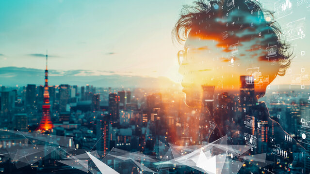 Conceptual blend of a modern human and futuristic analytics in a city environment.