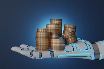 Stacks of gold coins on a white robotic hand in dark blue background. Illustration of the concept of financial and industrial revolution by artificial intelligence (AI)