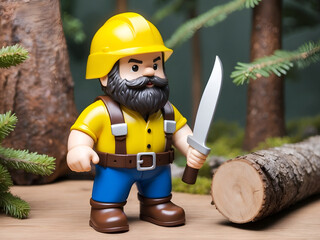 Deformed figure of a forestry worker uncle wearing a yellow helmet and holding a knife - obrazy, fototapety, plakaty